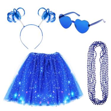 Imagem de Panitay Conjunto de 9 peças de fantasia de saia de LED para mulheres, tule iluminado de Natal, saia tutu pompom rabo de cavalo tiara coração óculos de sol (pequeno, azul royal)