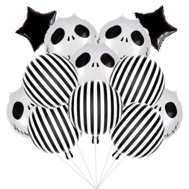 Imagem de 12 PCS Skeletons Skull Foil Balloons, Black and White Striped Halloween Balloons, Halloween Birthday Party Decorations, Black star balloon for Nightmare Christmas Birthday Decorations