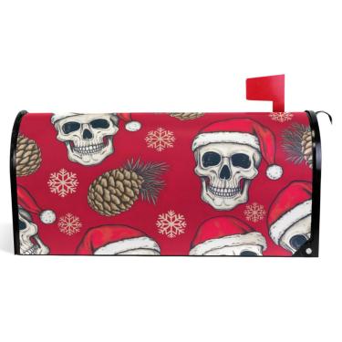 Imagem de TSENQUE Capas de caixa de correio magnéticas decorativas primavera caixa de correio envoltório vinil caixa de correio moderna decoração de jardim caveiras engraçadas chapéus de Papai Noel vermelho