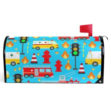 Imagem de TSENQUE Capas magnéticas para caixa de correio decorativas com desenhos animados fofos caminhões de bombeiros de vinil azul envoltório caixa de correio de inverno férias à prova de intempéries