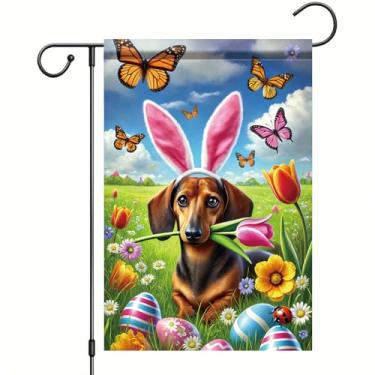 Imagem de Starlit Patio Happy Easter Dog Garden Flag 30,5 x 45,7 cm bandeira dupla face dachshund primavera bandeiras de ovos de coelho bandeira de quintal para decoração sazonal para aniversário de férias