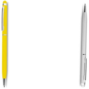 Imagem de Caneta esferográfica de metal escrita em azul, com ponta touch com corpo emborrachado Anotações modernas (Amarelo e Prata)