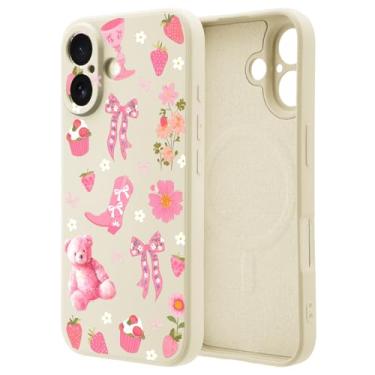 Imagem de OFQKOAKS Capa para iPhone 16 Pro Max compatível com MagSafe, capa de celular feminina romântica vaqueira margarida morango, silicone líquido branco macio, capa protetora de ajuste fino para mulheres e