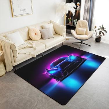 Imagem de Tapete de carro esportivo para meninos, 1,80 m x 1,28 m, azul e roxo, tapete de carro de corrida para crianças, meninos, adolescentes, tapete de piso interno de carros de corrida 3D, tapete decorativo