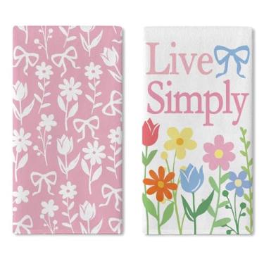 Imagem de Croar Conjunto de 2 panos de prato florais de primavera verão para cozinha, rosa Live Simply Flower Bow Drying Toalha de mão pano de cozimento, coquete tulipa margarida banheiro decoração de casa 45