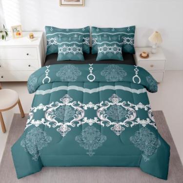 Imagem de Erosebridal Conjunto de edredom barroco damasco azul petróleo, branco, tamanho queen, 7 peças, cama vitoriana gótica em uma bolsa, estilo paisley, para adultos e adolescentes