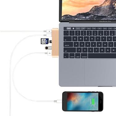 Imagem de PinPle Leitor de cartão USB C Hub duplo tipo C com 2 portas de carregamento USB 3.1 e 2 portas USB 3.0, slot para cartão SD e compartimento para cartão micro SD para MacBook Pro 13 polegadas / MacBook Pro 15 polegadas (dourado)