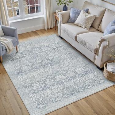 Imagem de PureCozy Tapete de área azul 10 x 15 cm lavável entrada escritório tapete vintage antiderrapante pequeno camada baixa fino quarto cozinha tapete retro acento manta sala de jantar banheiro