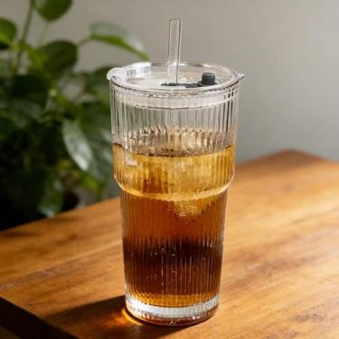 Imagem de Copos de vidro com nervuras de 590 ml, copos de vidro reutilizáveis com tampas e canudos de vidro, xícaras de café gelado, ideais para água, smoothie, leite, coquetel e sucos