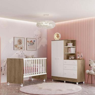 Imagem de Berço Nacional 3540 e Guarda Roupa com Cômoda 4070 Ambiente Doce Sonho Carvalho Rústico TOQ Branco com Pés - Qmovi