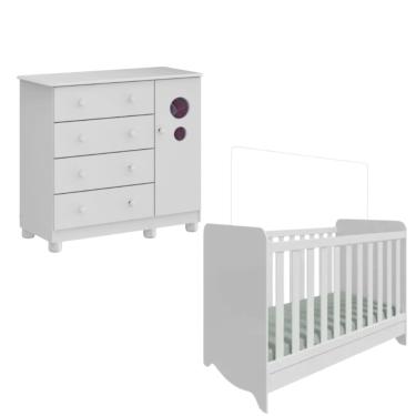 Imagem de Kit Berço e Cômoda Peroba Bolinha Cor Branco Quarto Infantil
