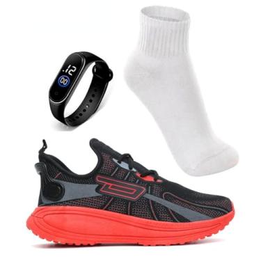 Imagem de Tenis Esportivo Masculino Leve Confortável Corrida Caminhada + Relógio + Meia (Vermelho, BR, Adulto, Numérico, 43)
