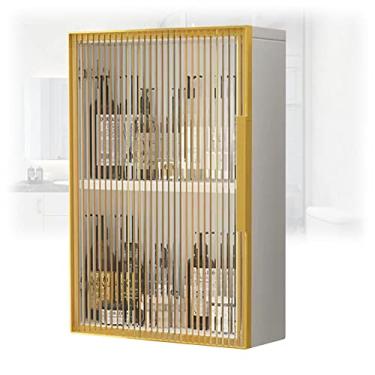 Imagem de Armário de banheiro de madeira montado na parede, chuveiro de metal dourado com portas de vidro, organizador acima do vaso sanitário para lavanderia e sala de estar, 40 x 14 x 60 cm