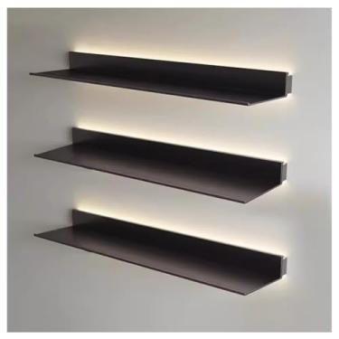 Imagem de Prateleiras de parede flutuantes versáteis com luzes LED - preto (conjunto de 3), estante de metal com emissão de luz, decoração de parede, suporte/prateleira de exibição iluminada (cor: preto