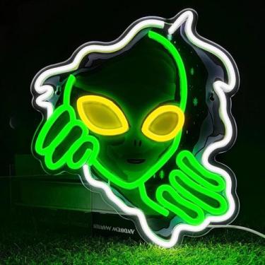 Imagem de Letreiro Neon De Rosto De Alienígena Verde Com Olhos Amarelos Para Dec