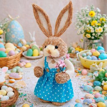 Imagem de Boneco Coelhinho Coelho Palha Enfeite Decoração Páscoa 33cm