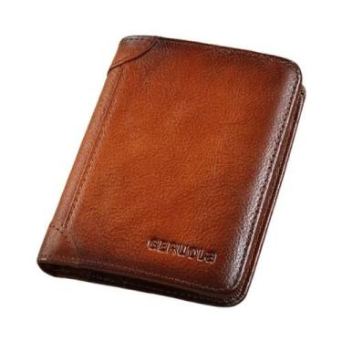 Imagem de Carteira Masculina De Couro Genuíno Marrom Escuro Fina Com Proteção RF