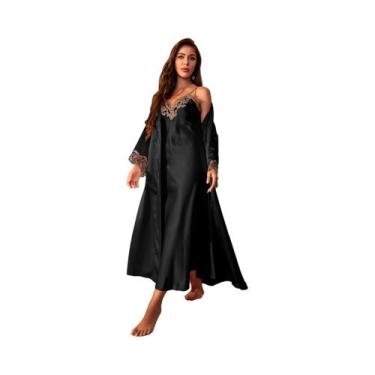 Imagem de Conjunto De Pijama Feminino De Manga Longa Com Decote Em V E Renda, Co