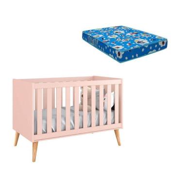 Imagem de Berço Americano New Theo Rosa com Pés Madeira Natural e Colchão Ortobom - Reller