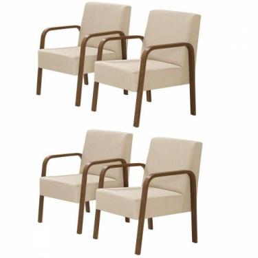 Imagem de Kit 4 Poltrona 1 Lugar Jade Braço Madeira Suede Bege - D SALLA