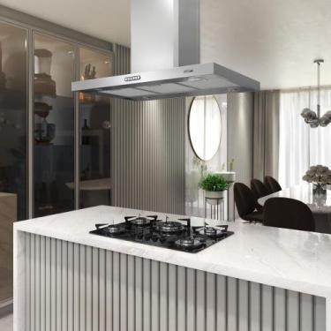Imagem de Coifa Ilha Com Exaustor Retangular Fogatti 75 cm Fogão Duto Slim 4 Lâm