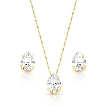 Imagem de Conjunto Gota Semijoia Folheado A Ouro Com Zirconias Cristal - FAMA FO