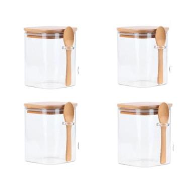 Imagem de Kit 4 Potes Tempero Vidro Tampa Bambu + Colher 250ml - Levivan