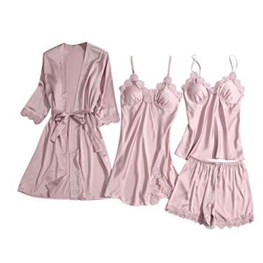 Imagem de Conjunto de roupa de dormir feminino, 4 peças, cetim de seda, cor lisa, com cadarço, camisola, conjunto de robe sexy, rosa, P