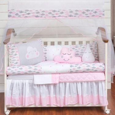Imagem de Kit Berço Nuvem Rolinho Menina Chuva Rosa 11 Peças