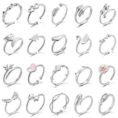 Imagem de Conjunto de 20 anéis ajustáveis para mulheres - Pacote de anéis de dedo empilháveis para adolescentes - anéis fofos para meninas adolescentes - em tom dourado e prata, Metal, Sem pedra preciosa
