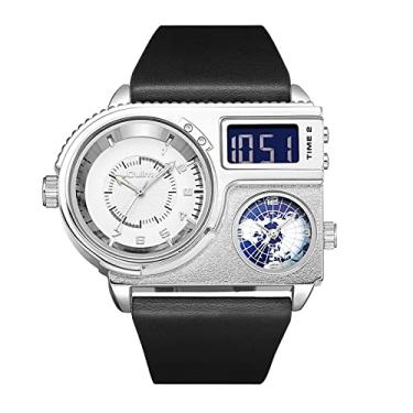 Imagem de Lancardo Relógio masculino irregular com três mostradores de fuso horário, relógio de pulso grande com pulseira de couro para negócios esportivos, Prata