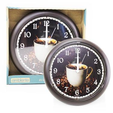Imagem de Relógio De Parede Sala Cozinha Café 24cm Redondo Marrom Pilhas Inclusa