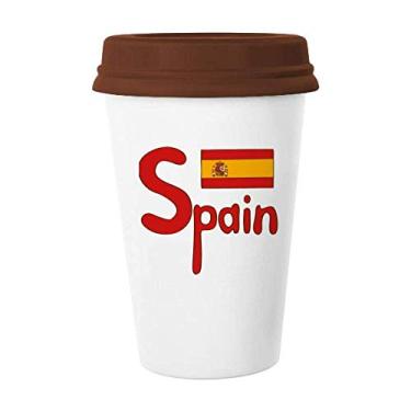 Imagem de Caneca de cerâmica com estampa vermelha da bandeira da Espanha com tampa de copo de cerâmica