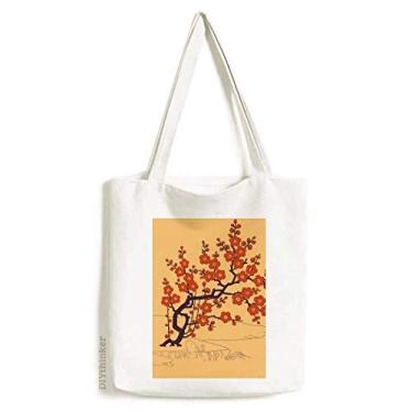 Imagem de Bolsa sacola de lona com estampa de flor vermelha da cultura japonesa bolsa de compras casual