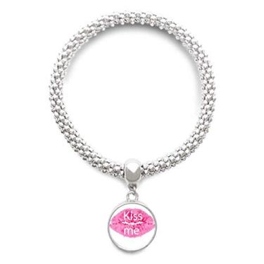 Imagem de DIYthinker Pulseira de prata com pingente rosa Kiss Me Dia dos Namorados Bracelete ajustável