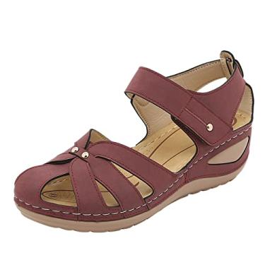 Imagem de Sandálias femininas de cunha sandálias respiráveis sapatos de verão anabela praia feminina dedo confortável moda sandálias femininas (vinho, 8)