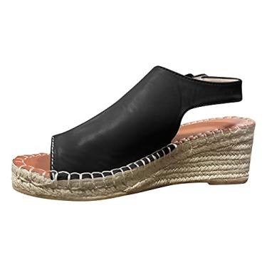 Imagem de Sandálias femininas plataforma bico feminino de linho tecido sandálias de cor sólida moda casual fivela de couro (preto, 8)