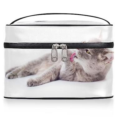 Imagem de Grey Cat Licking Its Feet Bolsa de cosméticos feminina grande bolsa de maquiagem de viagem animal gatos bolsa de maquiagem portátil bolsa de maquiagem caixa com zíper bolsa de higiene pessoal, Conforme mostrado., 9.2*6.2*5.9inch