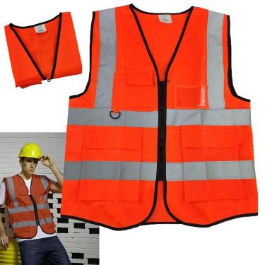 Imagem de Colete Sinalizador Refletivo Segurança Trabalho EPI Blusao Fluorescente Bolsos Ziper Obra Transito Guarda Sinal