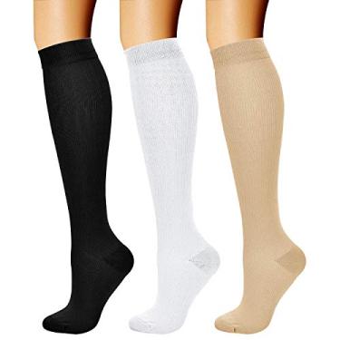 Imagem de Meias de compressão Charmking para mulheres e homens (3 pares) 15-20 mmHg é melhor para esportes, corrida, viagens de voo, ciclismo, A-02 Black/White/Nude, Small-Medium