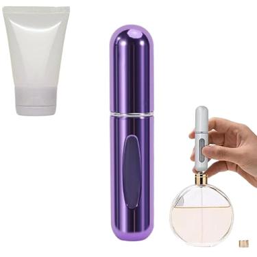 Imagem de Mini Spray Porta Perfume 5ml Recarregável Para Viagem, Atomizador Porta Perfume Portátil + Bisnaga Plástica 30g e Tampa Flip Branca (Roxo Brilhante)