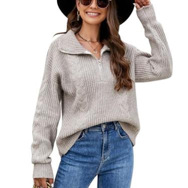 Imagem de Suéter feminino de tricô com meio zíper, gola virada, ombro caído, manga comprida, Marrom, G