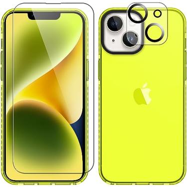 Imagem de ROYBENS Capa transparente para iPhone 15, capa de telefone com protetor de tela de vidro + acessórios protetores de lente de câmera para mulheres meninas, capa protetora fina de silicone fofa para 15 6,1 polegadas, amarelo neon