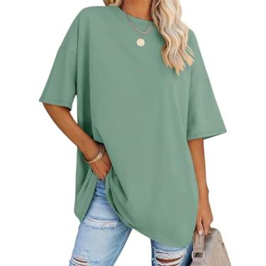 Imagem de LOMON Camisetas femininas grandes de manga curta gola redonda para o verão, camisetas soltas, casuais, para mamãe, camiseta básica, Verde, cinza, 3G