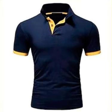 Imagem de Camiseta de verão recém-lançada, blusa masculina Paul de manga curta, camisa polo popular e moderna, Azul marinho + amarelo, 7X-Large