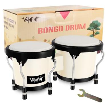 Imagem de VANPHY Bongô Drum Conjunto de 10 cm e 12 cm para adultos iniciantes com pele natural sintonizável, instrumentos de percussão com chave de afinação e caixa de presente (branco)