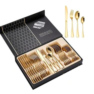 Imagem de Faqueiro Aço Inox 24 Peças Dourado Caixa Preta Luxo