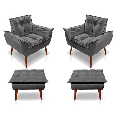 Imagem de Kit C/02 Poltronas Opala + 02 Puff Opala Elegante Suede Cinza Escuro