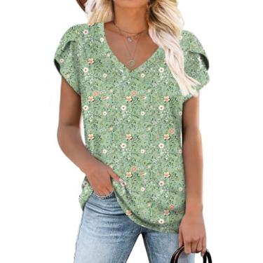 Imagem de CATHY 2024 Túnica feminina de verão camisetas casuais de manga curta gola V solta confortável camiseta leve e fofa, Flores verdes, G