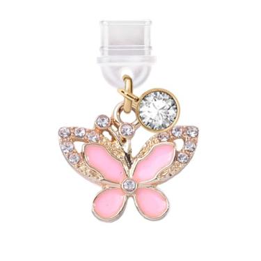 Imagem de ELISE & FONDA TP359 Tipo-C porta de carregamento USB plugue antipoeira pequena borboleta de cristal pingente de telefone celular para iPhone 15 e Samsung/OnePlus/Xiaomi/oppo telefones Android (rosa),